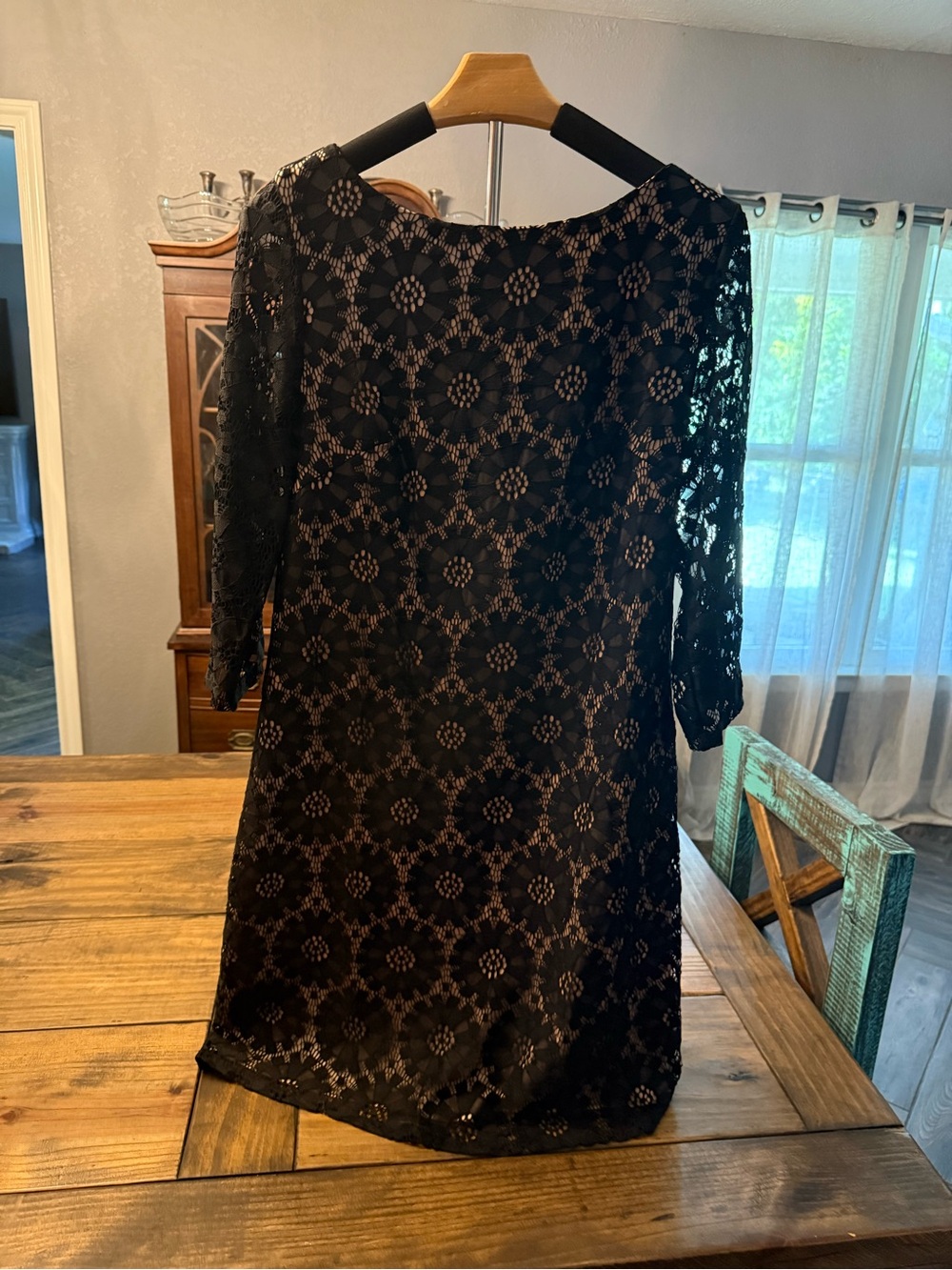 Jessica Howard Black Lace Mini Dress with Floral Medallion Pattern